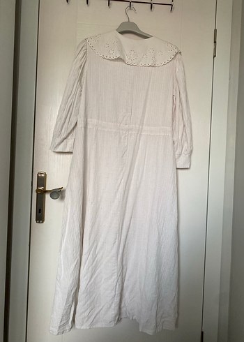 Düğmeli Beyaz Bohem Uzun Keten Elbise - Görsel 6