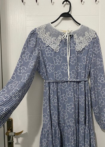 Bebe yakali mavi Elbise - Görsel 3