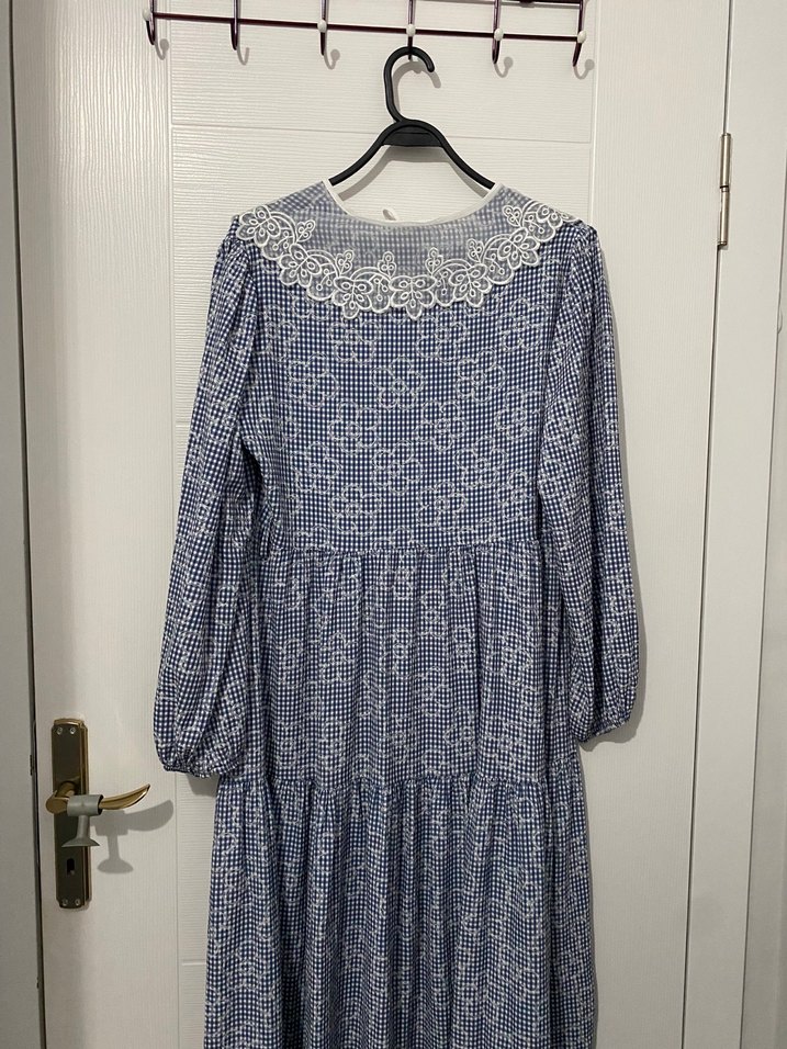 Bebe yakali mavi Elbise - Görsel 4