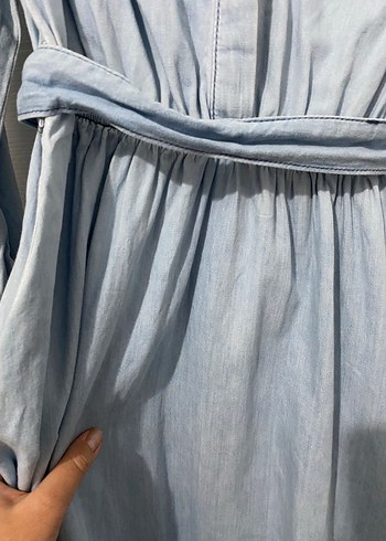 Mavi Bağcıklı Uzun Denim Elbise - Görsel 3