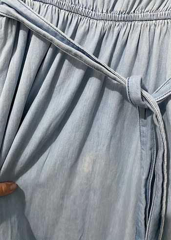 Mavi Bağcıklı Uzun Denim Elbise - Görsel 6