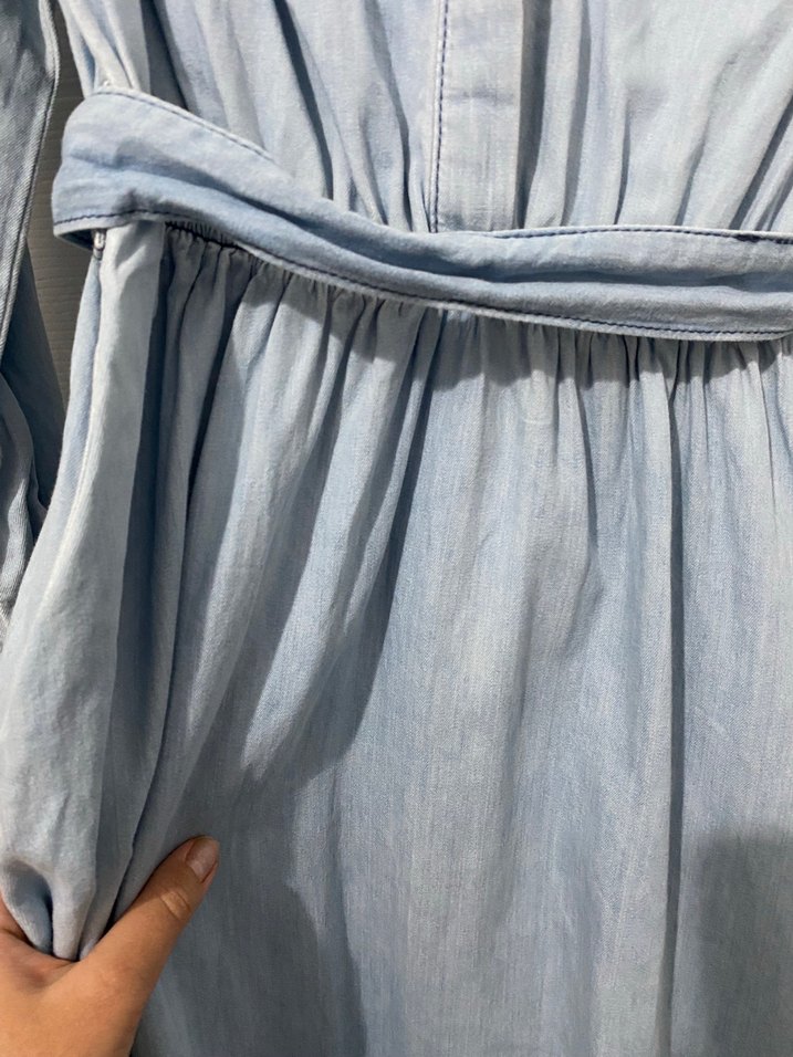 Mavi Bağcıklı Uzun Denim Elbise - Görsel 3