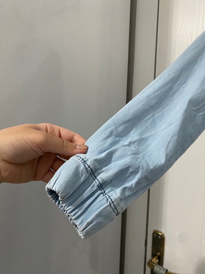 Mavi Bağcıklı Uzun Denim Elbise - Görsel 4