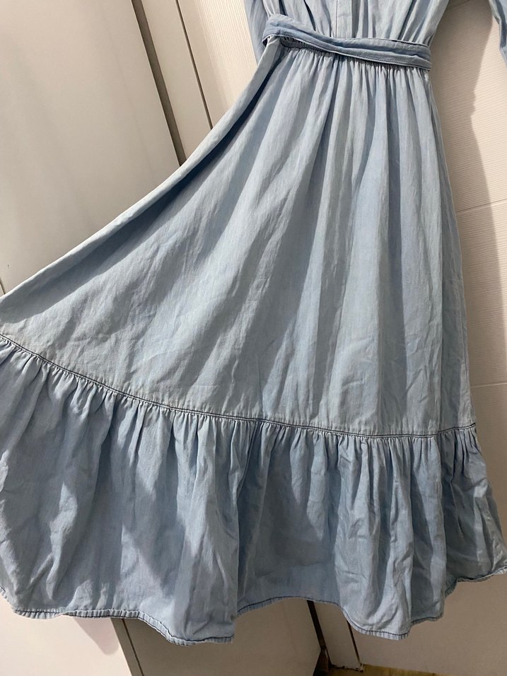 Mavi Bağcıklı Uzun Denim Elbise - Görsel 2