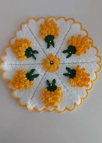 Sarı Çiçek Desenli Örgü Yuvarlak cehizlik lif - Görsel 2