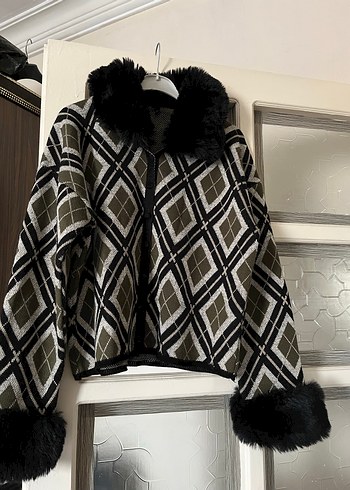 Kürk Detaylı Gri Kareli Kadın Ceket - Görsel 2