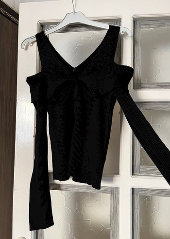 Siyah V Yaka Strappy Fitilli Triko Kazak - Görsel 2