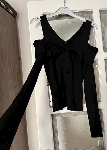 Siyah V Yaka Strappy Fitilli Triko Kazak - Görsel 3