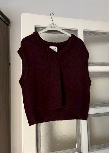 Bordo V Yaka Örgü Kadın Süveter - Görsel 2