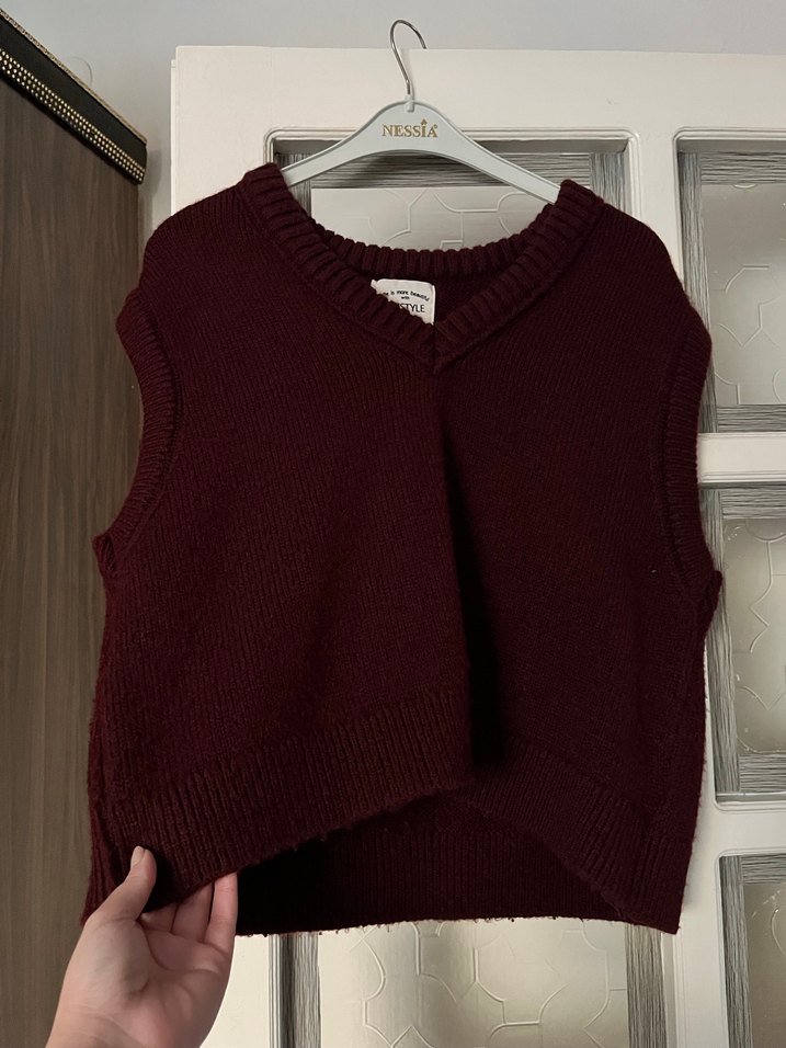 Bordo V Yaka Örgü Kadın Süveter - Görsel 3