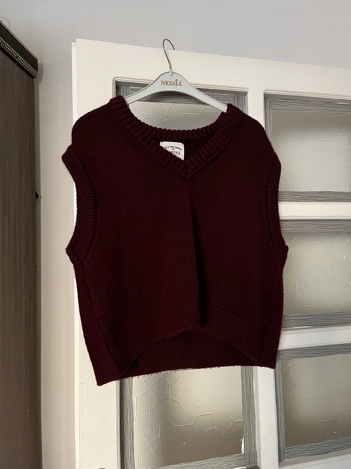 Bordo V Yaka Örgü Kadın Süveter - Görsel 2