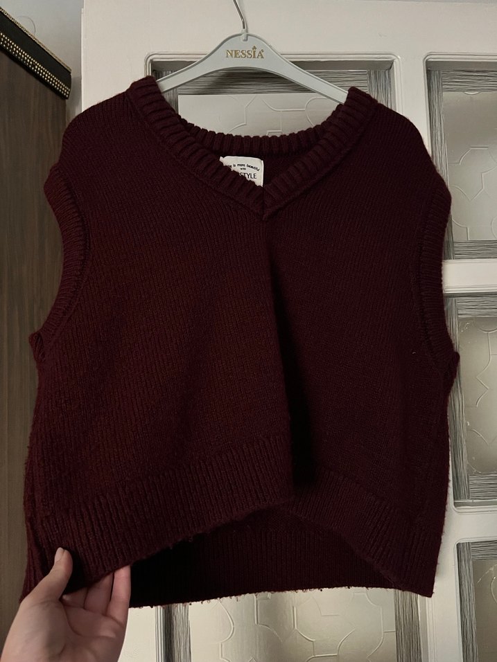 Bordo V Yaka Örgü Kadın Süveter - Görsel 4