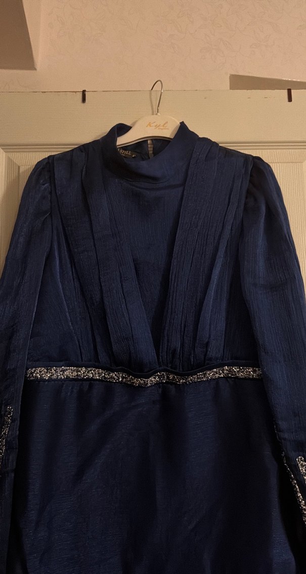 Uzun Lacivert Drapeli Abiye Elbise - Görsel 4