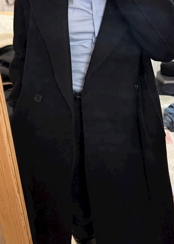 Siyah Çift Düğmeli Siyah Yünlü Kaban - Görsel 3