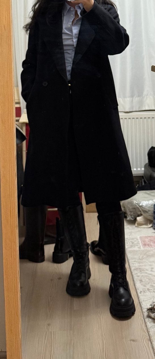 Siyah Çift Düğmeli Siyah Yünlü Kaban - Görsel 2