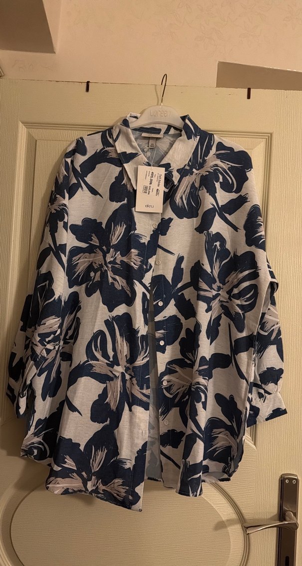 Mavi Desenli Bol Kesim Keten Gömlek/Keten Pantolon - Görsel 5