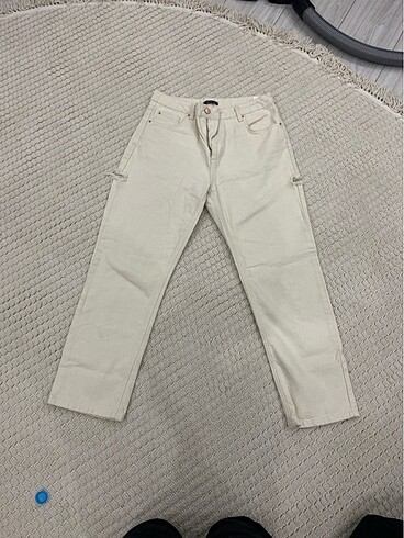Ekru renk mom jeans kot pantolon