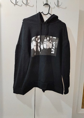Siyah Baskılı Kapüşonlu Oversize Sweatshirt