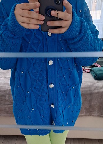 Mavi Uzun Kollu Triko Kadın Hırka - Görsel 2