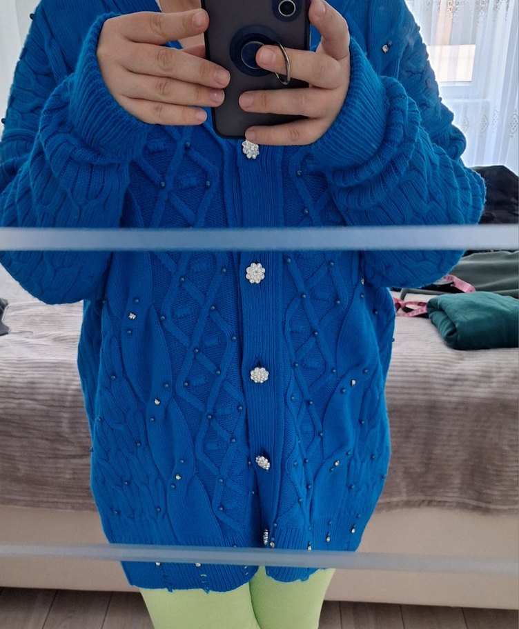 Mavi Uzun Kollu Triko Kadın Hırka - Görsel 2