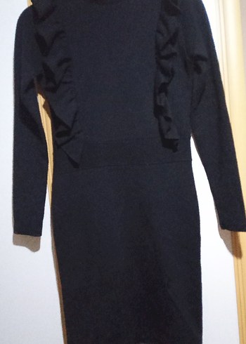 Siyah Fırfırlı Midi Triko Elbise - Görsel 2