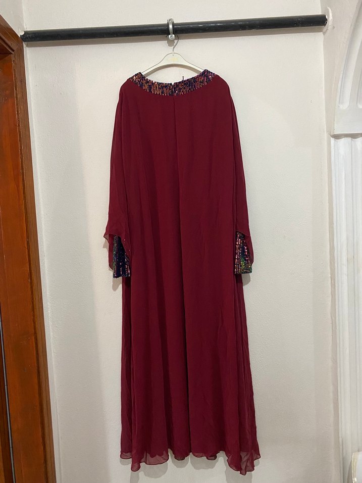 Bordo Uzun Kollu Pullu Kadın Elbise - Görsel 4