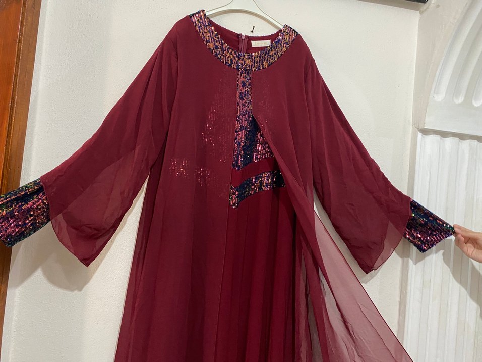 Bordo Uzun Kollu Pullu Kadın Elbise - Görsel 3