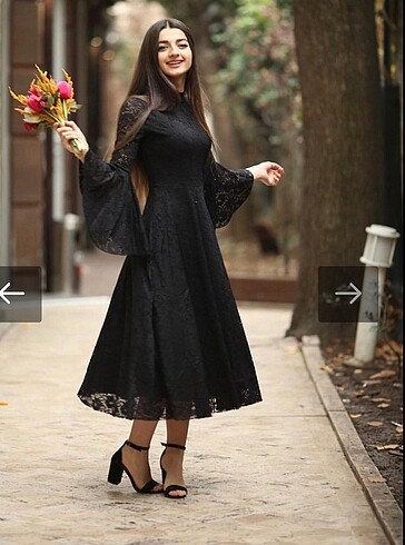 Siyah dantel midi boy özel gün elbisesi