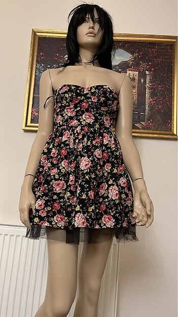 Koton Koton Straplez çiçekli tül detay kısa elbise