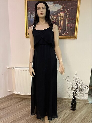 Siyah ip askılı şifon Elbise