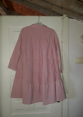 Pembe Uzun Keten Düğmeli Tunik