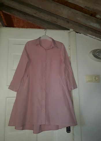 Defacto Pembe Uzun Keten Düğmeli Tunik