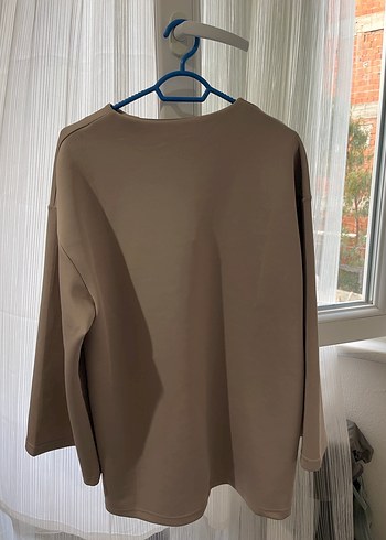 l Beden Bej Keten Kadın Sweatshirt, Salaş, Uzun Kollu