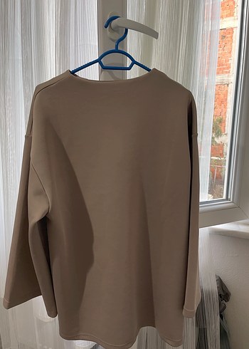 Bej Keten Kadın Sweatshirt, Salaş, Uzun Kollu
