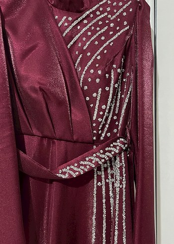 Abiye Bordo Uzun Kollu Drape İşlemeli Abiye Elbise