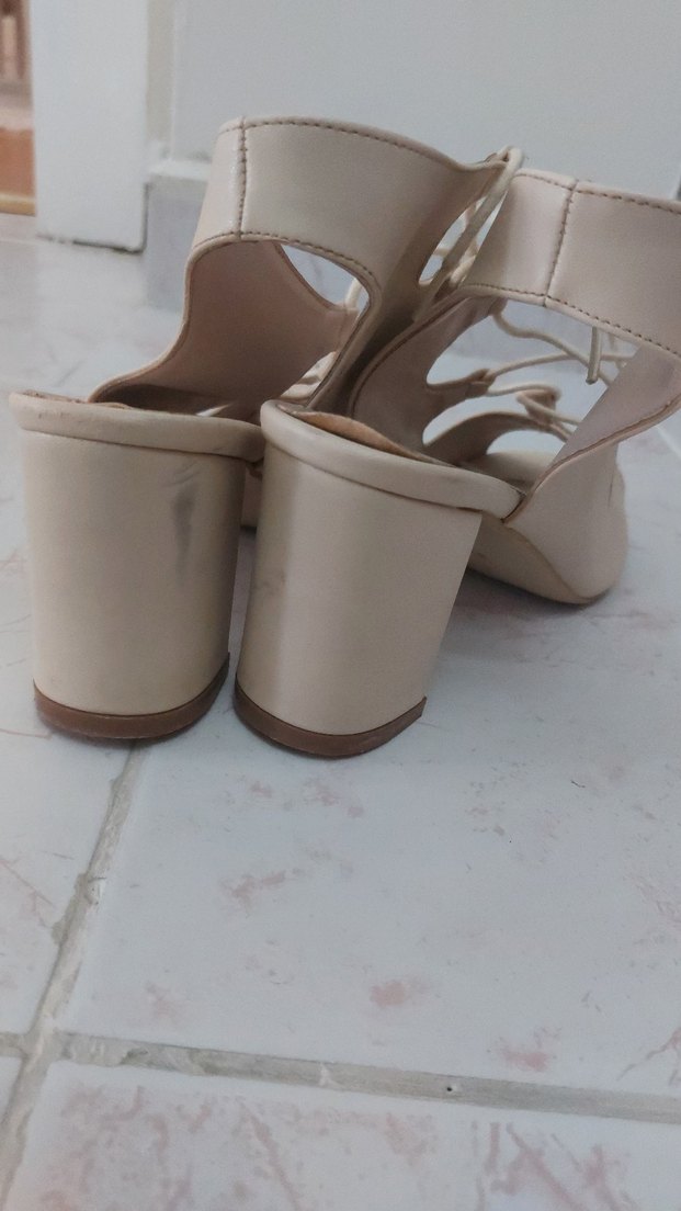 Bej Bağcıklı Kadın Kalın Topuklu Ayakkabı - Görsel 2