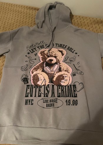 Gri Kapüşonlu Baskılı Kadın Sweatshirt - Görsel 2