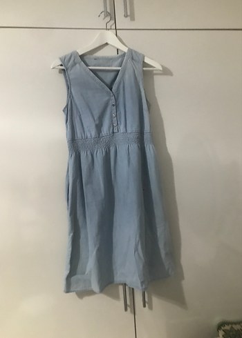 Diğer Düğmeli V Yakalı Denim Midi Elbise