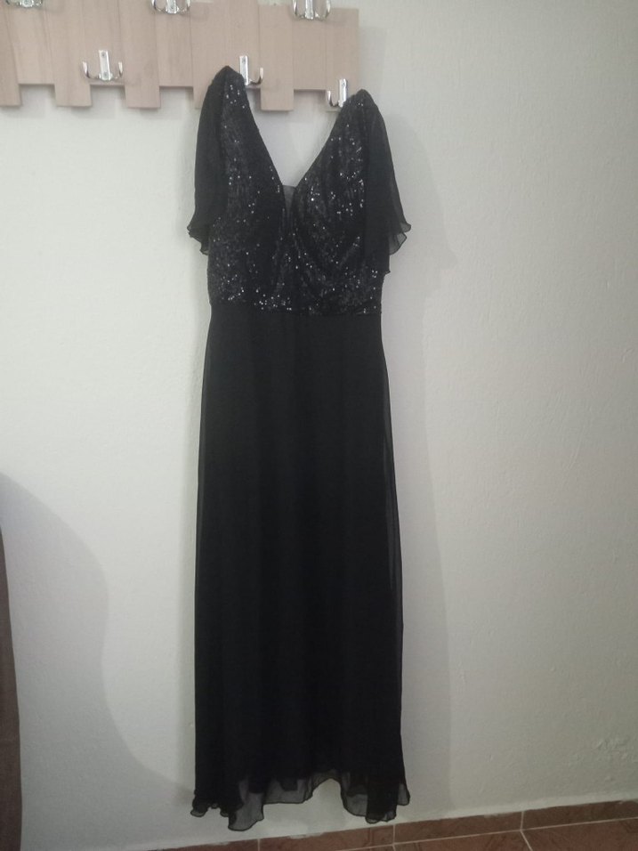 Siyah Uzun Drapeli V Yaka Abiye Elbise - Görsel 2