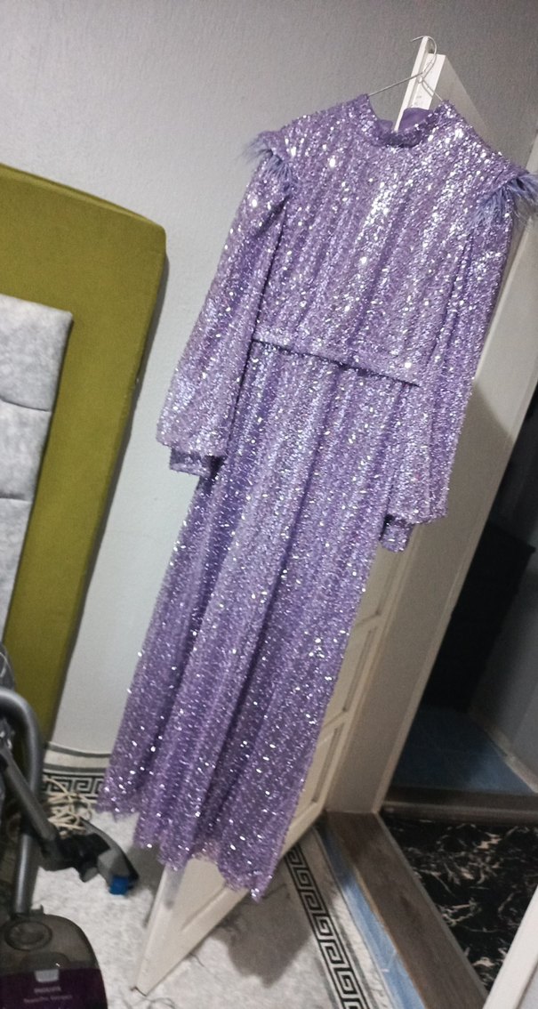 Parlak lila Uzun Kollu Tesettür Abiye Elbise - Görsel 2