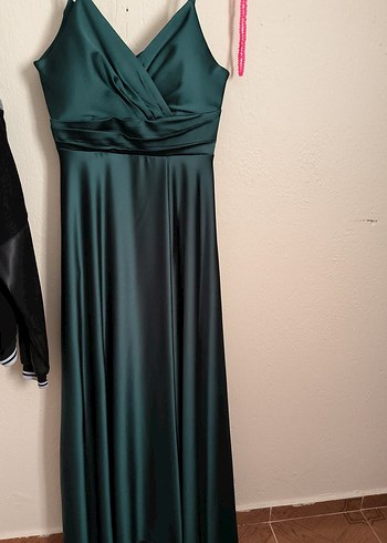 Turkuaz Drapeli V Yaka Uzun Abiye Elbise - Görsel 2