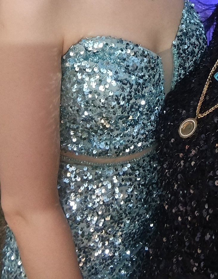 Turkuaz Parlak Payetli Straplez Uzun Elbise - Görsel 2