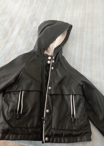 Siyah erkek çocuk Deri içi yünlü Ceket Fermuarlı - Görsel 2