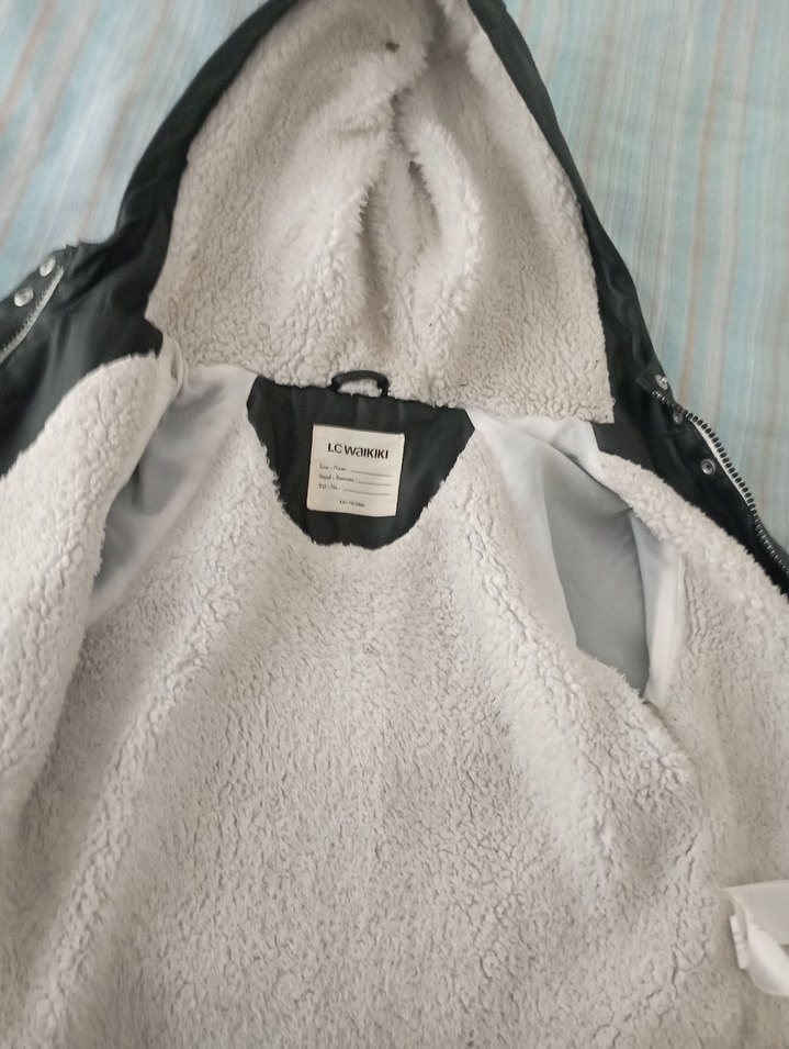 Siyah erkek çocuk Deri içi yünlü Ceket Fermuarlı - Görsel 3