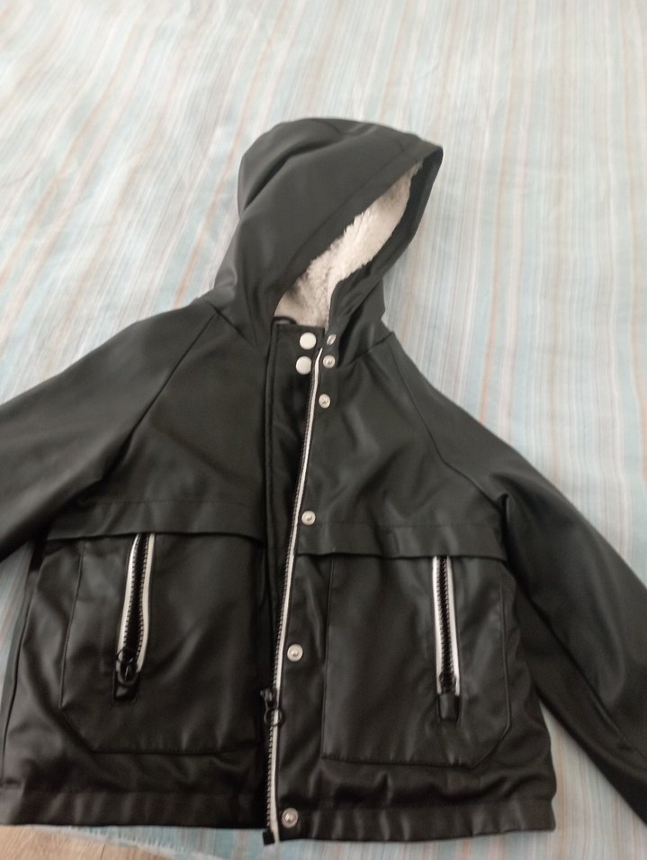 Siyah erkek çocuk Deri içi yünlü Ceket Fermuarlı - Görsel 2