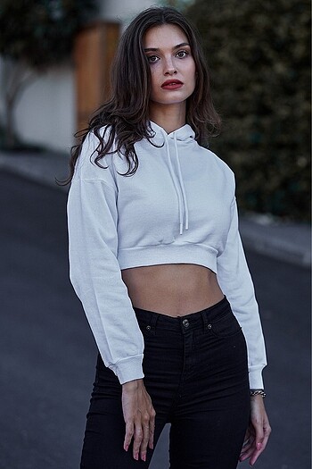 s Beden beyaz Renk Crop kapüşonlu sweatshirt
