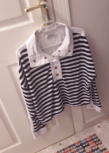 Düğmeli Çizgili Bay Bayan Gömlek - Görsel 2