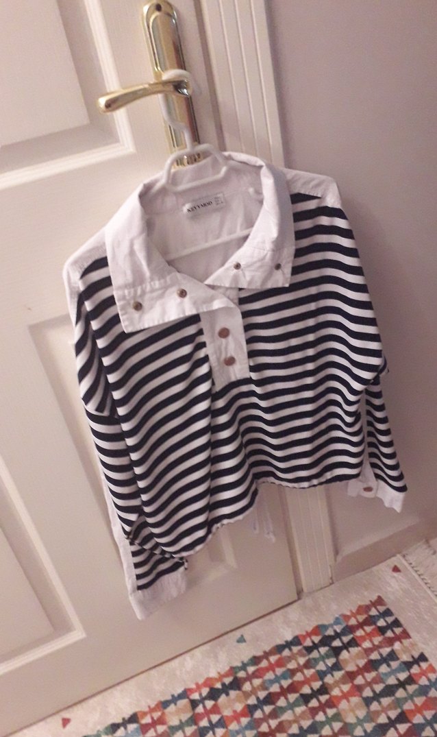 Düğmeli Çizgili Bay Bayan Gömlek - Görsel 2