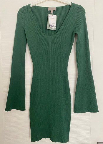 H&M Uzun Kollu Yeşil Triko Midi Elbise - Görsel 3