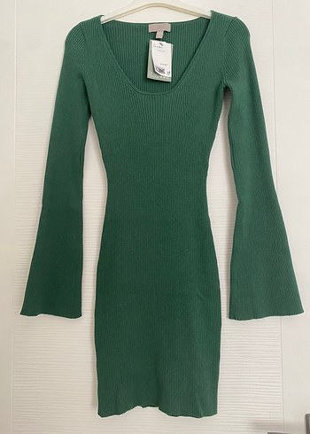 H&M Uzun Kollu Yeşil Triko Midi Elbise - Görsel 4